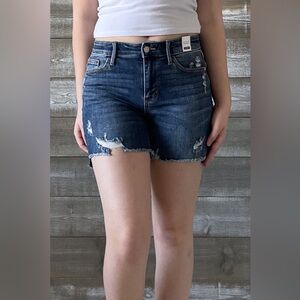 judy blue mid rise hi low cut hem destroyed shorts medium wash denim JB15253 MD